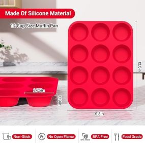 2 Pack Silicone Muffin Pan & Cupcake Pans for Baking - 12 Cup Regular Size BPA Free Egg Bites Molds (Color: Red)